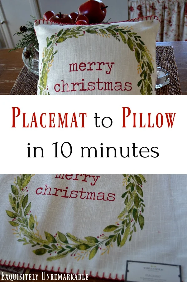 Placemat to Pillow In 10 Minutes text with before and after photo