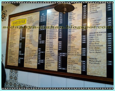 Senarai menu dan harga di Restoran Hameediyah