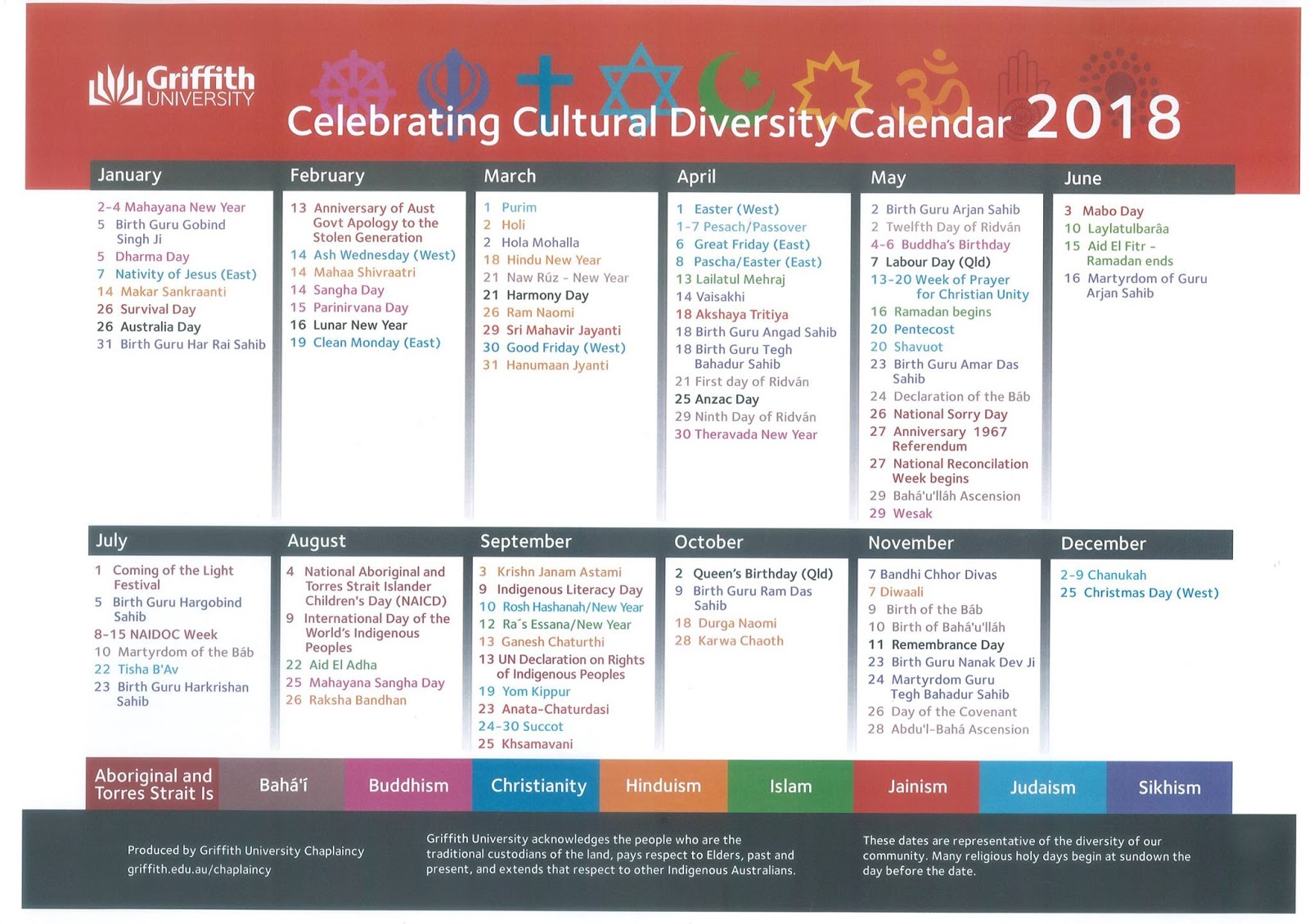 Cultural Diversity Calendar 2018