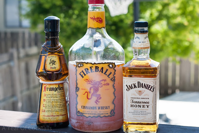 hot lil honey cocktail shot, honey whisky, jack daniels tennessee honey, fireball whisky, cinnamon whisky, frangelico, hazelnut liqueur