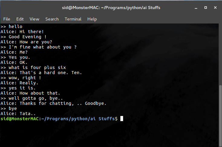 Create a chatbot in python using AIML