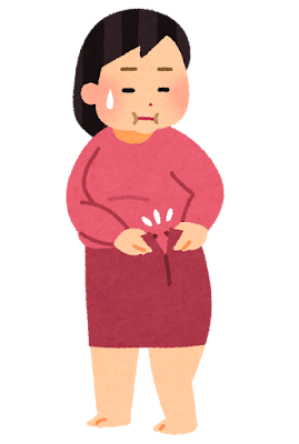 ウエストがきつい服を着る女性のイラスト（ダイエット前）