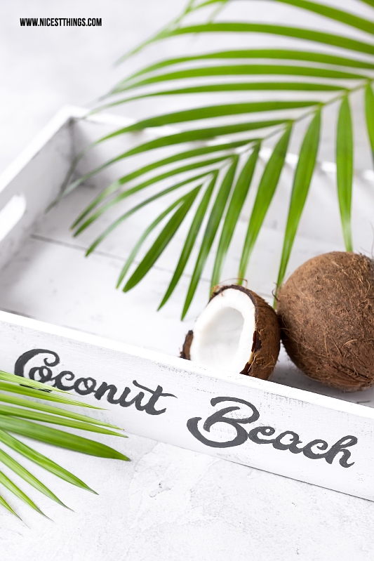 DIY Tablett Getränkekiste weiss Coconut Beach Retro Vintage Schriftzug