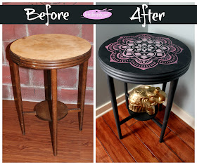 BEFORE AND AFTER MANDALA STENCIL HAND PAINTED ROUND TABLE MAKEOVER 