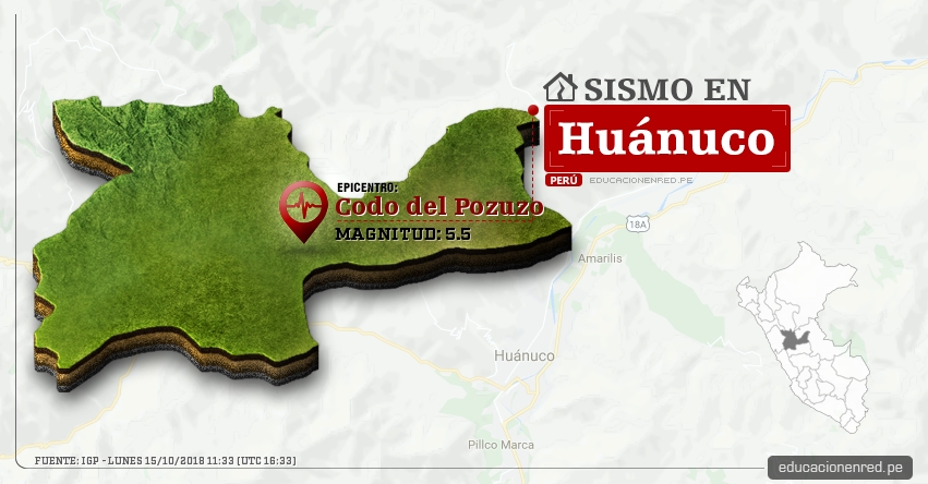 Temblor en Huánuco de magnitud 5.5 (Hoy Lunes 15 Octubre 2018) Terremoto - Sismo - EPICENTRO Codo del Pozuzo - Puerto Inca - IGP - www.igp.gob.pe