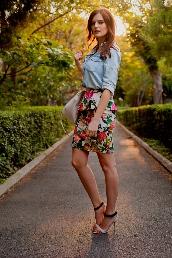 FLORAL SKIRT & DENIM SHIRT | TIE BOW-TIE
