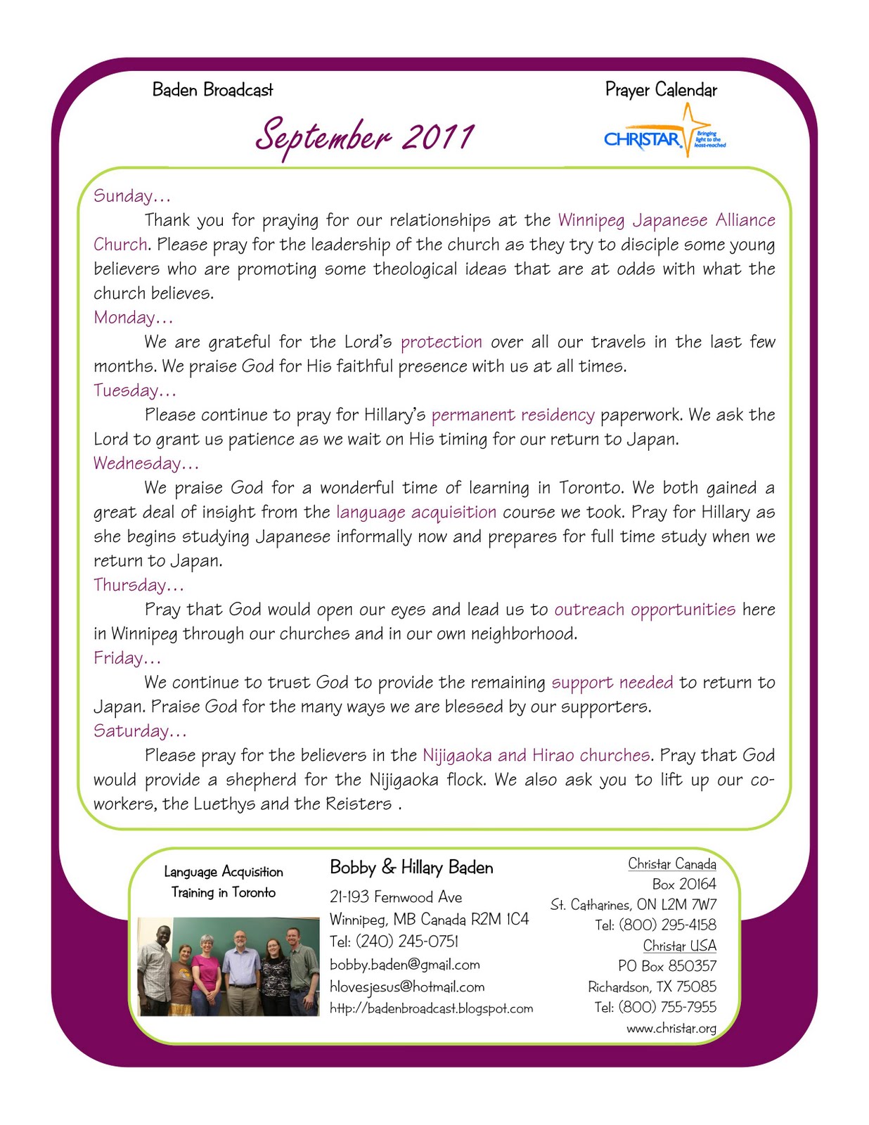Baden Broadcast: September 2011 Prayer Calendar Baden Broadcast: September 2011 Prayer Calendar
