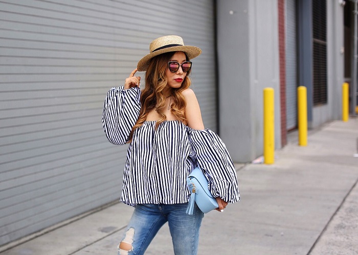 Chicwish Blithe Bubble Off shoulder Top in Stripes, blank denim ripped skinny jeans, quay pink my girl sunglasses, gigi new york crossbody bag, sole society platform sandals, Chanel necklace, Summer outfit ideas, nyc street style, nyc fashion blog
