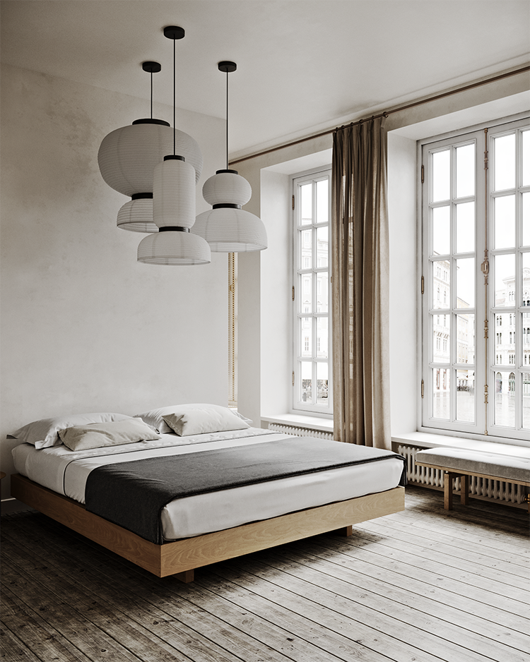 Cozy minimalistic bedroom in warm neutral hues by Natalie Dubrovska 