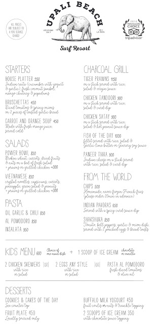 Upali Beach Restaurant's menu : Starters, Salads, From the Grill, From the World, Pasta and kids menu Upali Beach Restaurant's menu : Starters, Salads, From the Grill, From the World, Pasta and kids menu. Specials on board.
