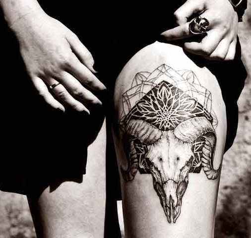 Aries animal skull face tattoo design for thigh