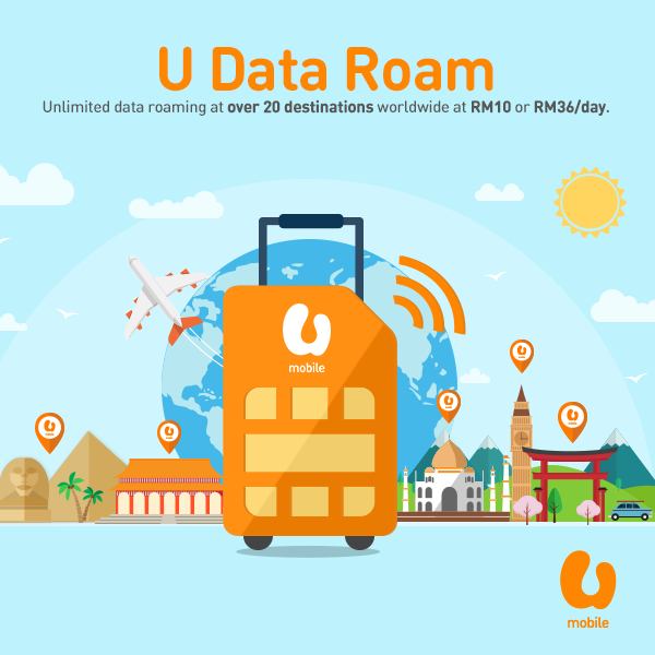 U Mobile Prepaid Postpaid Unlimited Data Roaming at RM10/Day Until 31