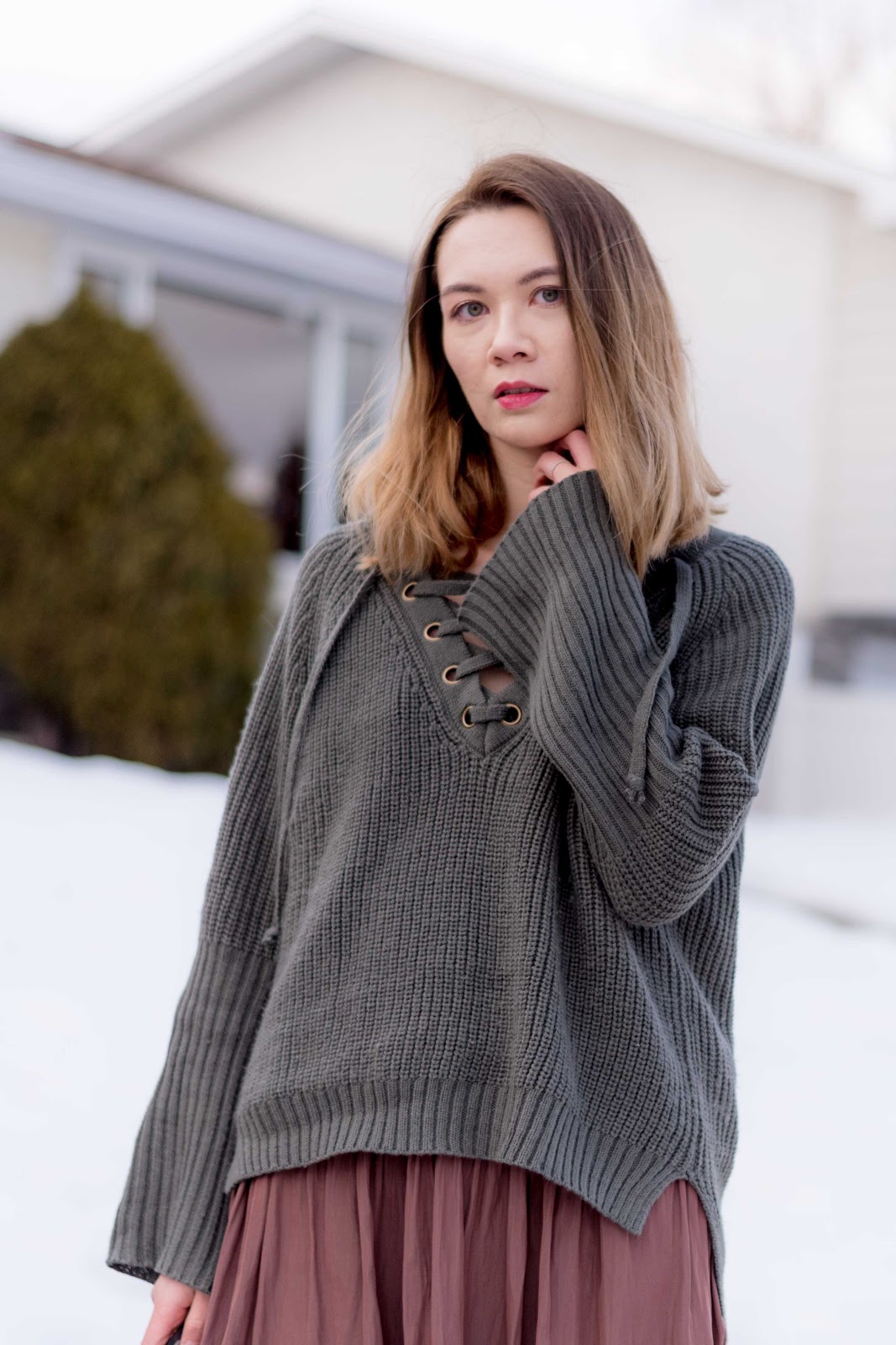lace up sweater zaful review, lace up sweater, lace up top, over the knee boots, jbrand, aritzia dress, winter fashion, calgary fashion, how to layer