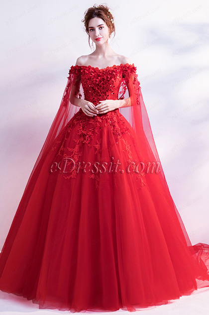 Sexy Red Flower OFF Shoulder Puffy Party Ball Dress