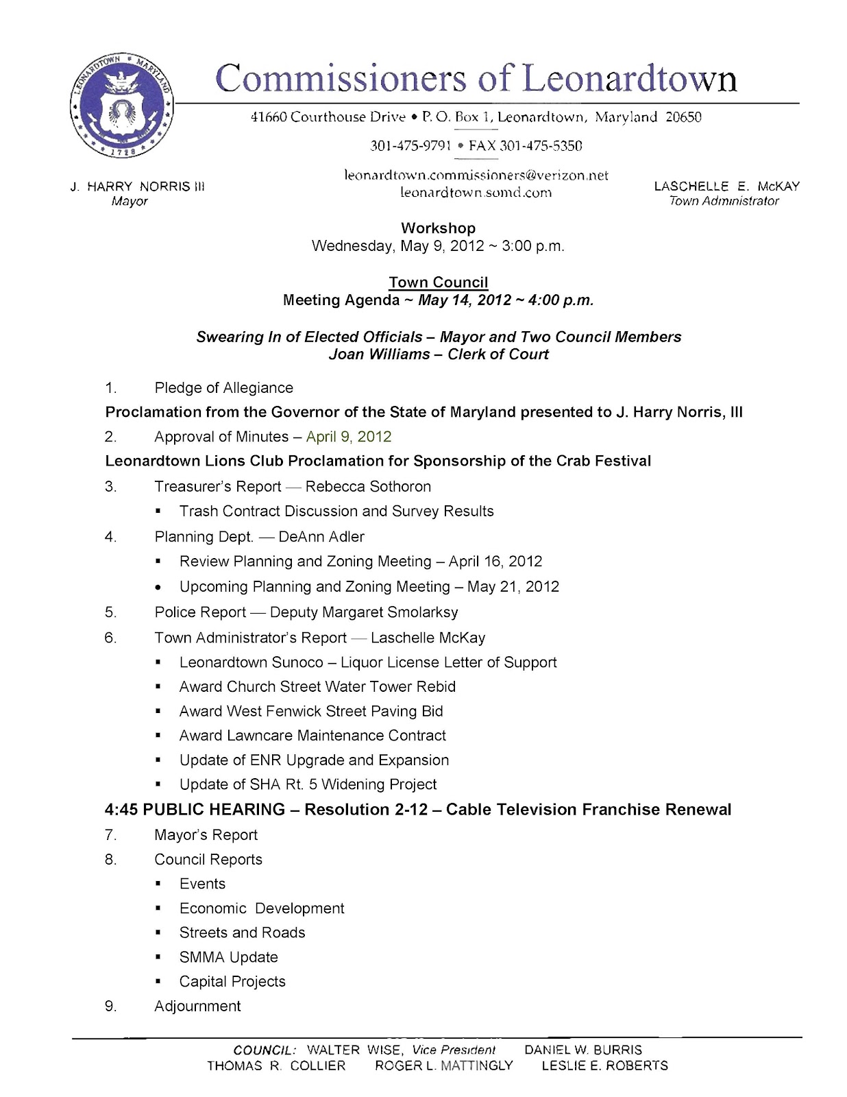 Leonardtown Maryland News Town Council Meeting Monday, May 14, 2012