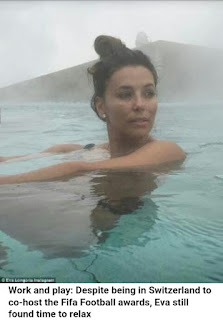 Eva Longoria looks toasty in black bikini enjoying outdoor thermal spa in snowy Switzerland
