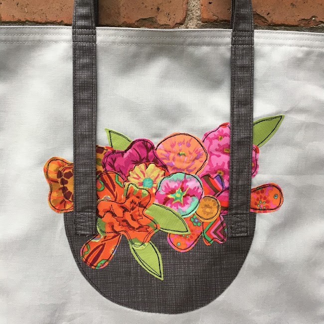 handmade collage floral applique basket tote bag