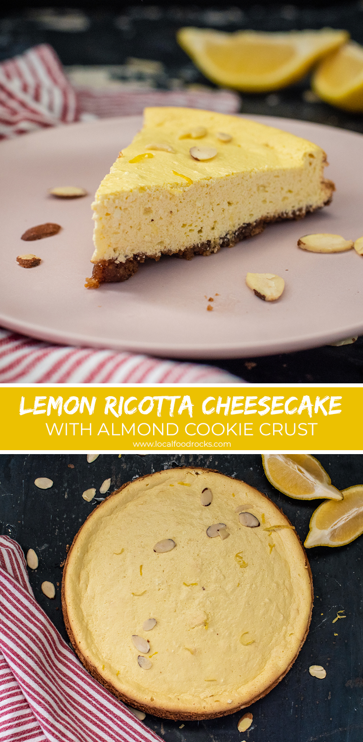 Blending traditional Italian flavors of lemon and almond atop a cookie base, this Lemon Ricotta Cheesecake with Almond Cookie Crust is a sweet way to cap off an Easter feast without weighing you down. | Local Food Rocks