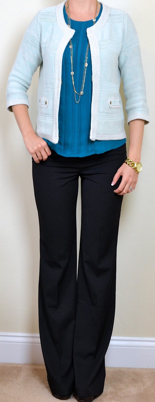 outfit post: mint cardigan/jacket, teal pleated blouse, black 'editor ...