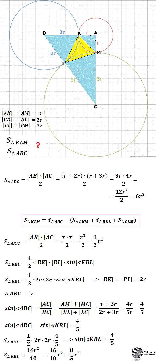 Dane są trzy okręgi o środkach A, B, C i promieniach równych odpowiednio r, 2r, 3r gdzie zapisujemy o(A, r), o(B, 2r), o(C, 3r). Każde dwa z tych okręgów są zewnętrznie styczne: pierwszy z drugim w punkcie K, drugi z trzecim w punkcie L i pierwszy z trzecim w punkcie M. Oblicz stosunek pola trójkąta KLM do pola trójkąta ABC. 