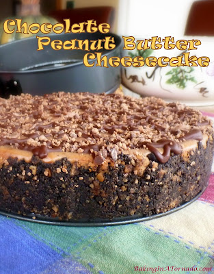 Chocolate Peanut Butter Cheesecake, not too sweet but full of flavor. If you’re going to splurge, this recipe is the time! | Recipe developed by www.BakingInATornado.com | #recipe #dessert