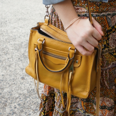 thrifted dress as skirt, Rebecca Minkoff micro Regan satchel in Harvest Gold | away from the blue