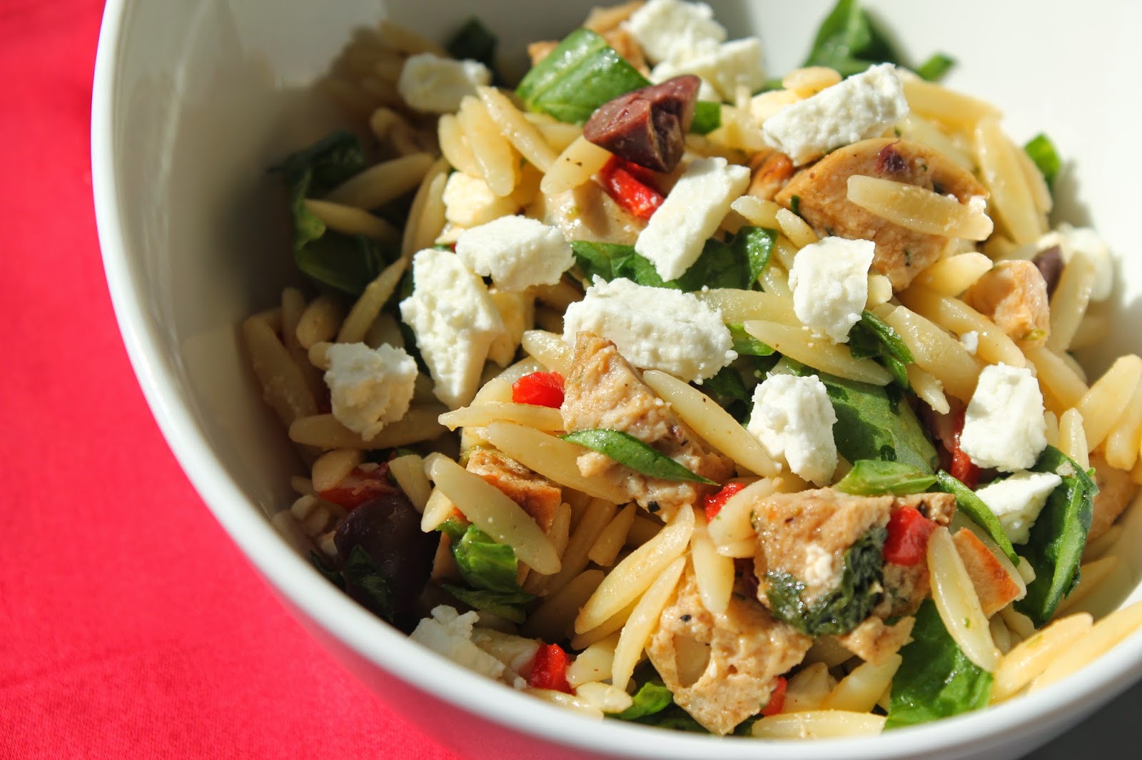 Orzo salad with chicken sausage, spinach, and feta