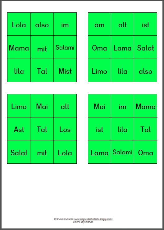 Grundschultante Lernworterbingo