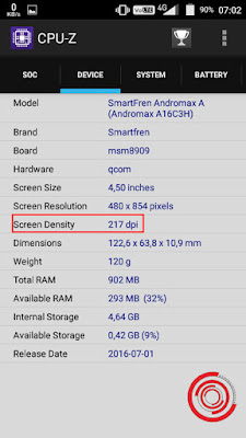 3. Terakhir lihat pada Screen Density, itulah DPI layar ponsel kalian. Semakin banyak semakin bagus