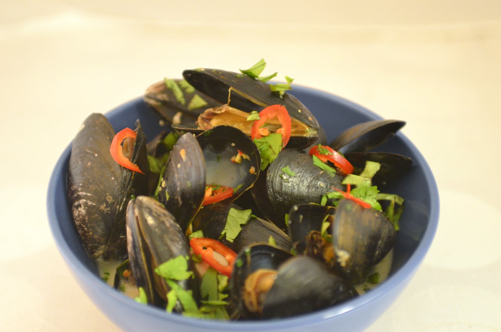 Navy Blue Kitchen Steamed Mussels with Coconut Milk and Thai Chiles