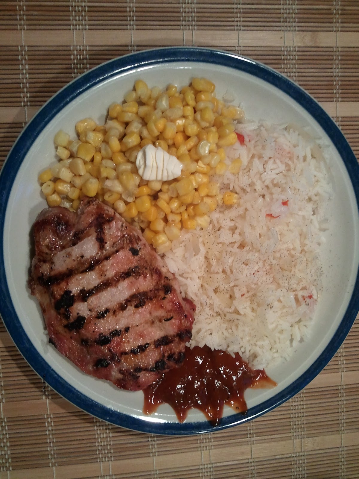 ©reated by ŊetHerŊøte BBQ Pork Chop, Onion Rice & Corn