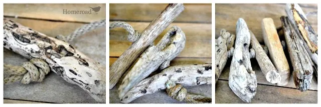 Three photos of driftwood added to rope