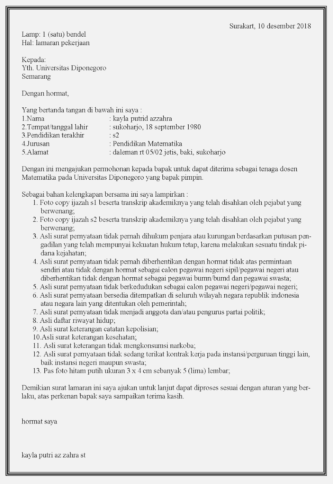 Contoh surat lamaran kerja dosen untuk melamar dosen di universitas Diponegoro