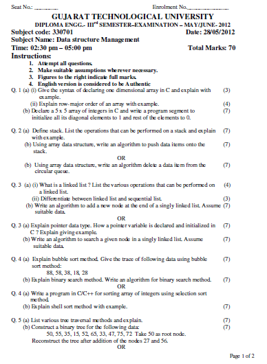 Gtu Previous Year Question Papers With Solutions GTU 3rd Semester Diploma : 330701 Data structure Management May June