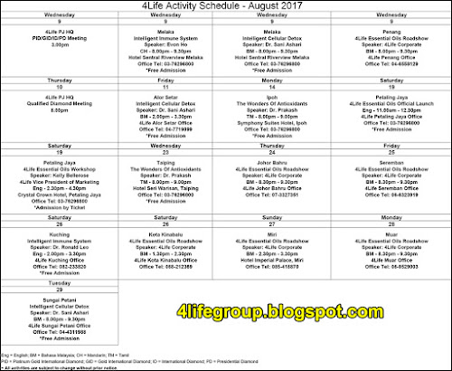 Jadual Aktiviti Bulanan Ogos 2017 4Life Malaysia foto Jadual Aktiviti Bulanan Ogos 2017 4Life Malaysia