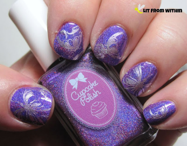 Cupcake Polish Berry Good Looking stamped with butterflies from UberChic 1-02