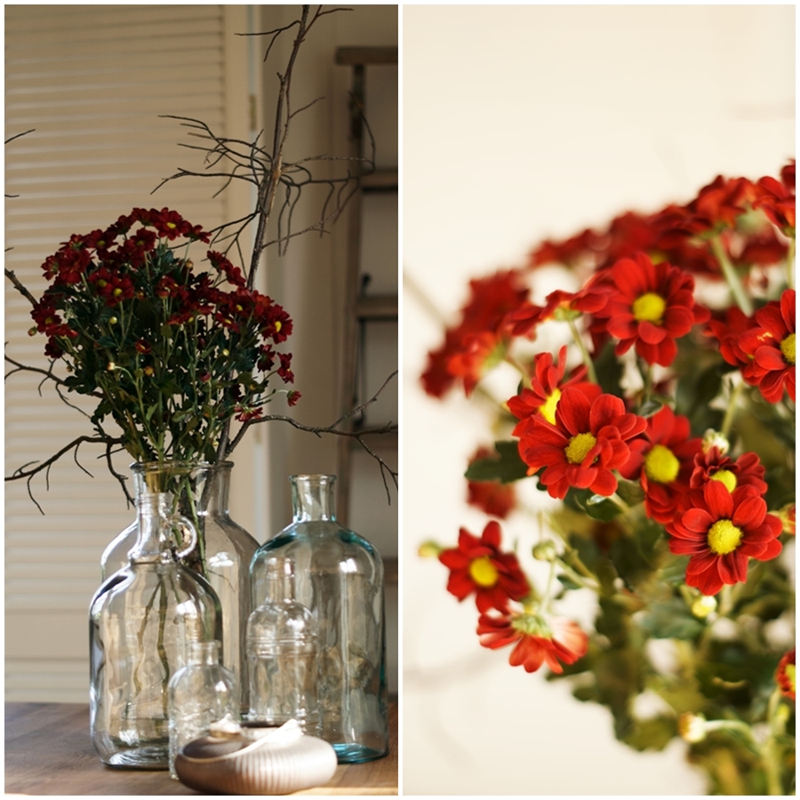 Blog + Fotografie by it's me! - Collage dunkelrote Chrysanthemen, weißer Fensterladen, Glasflaschen, alte Leiter