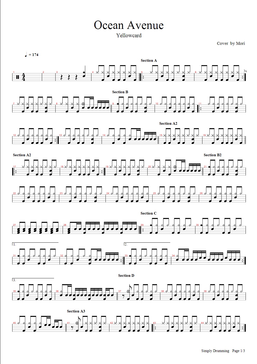 鼓手森 Simply Drumming Yellowcard Ocean Avenue drum sheet