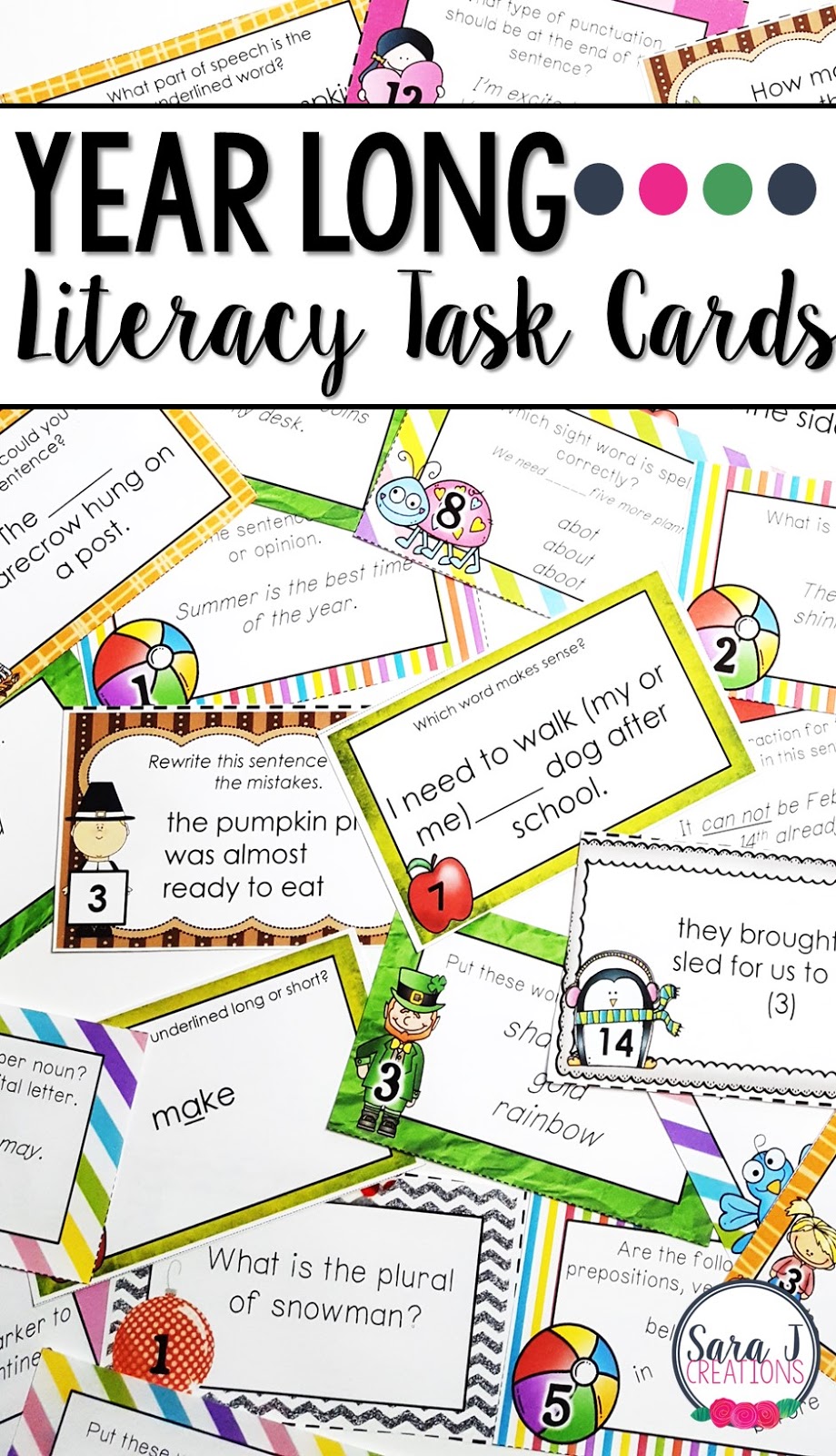 Literacy task card bundle for the whole year includes holidays and seasons celebrated during the school year. Great way to review parts of speech, abc order, sight words and more!