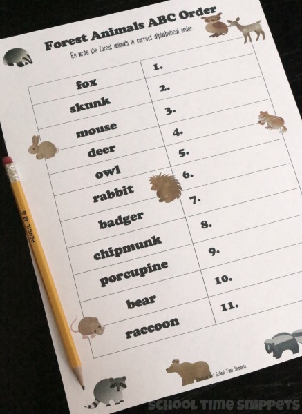 Free printable grammar worksheet reinforcing alphabetical order with a forest theme!