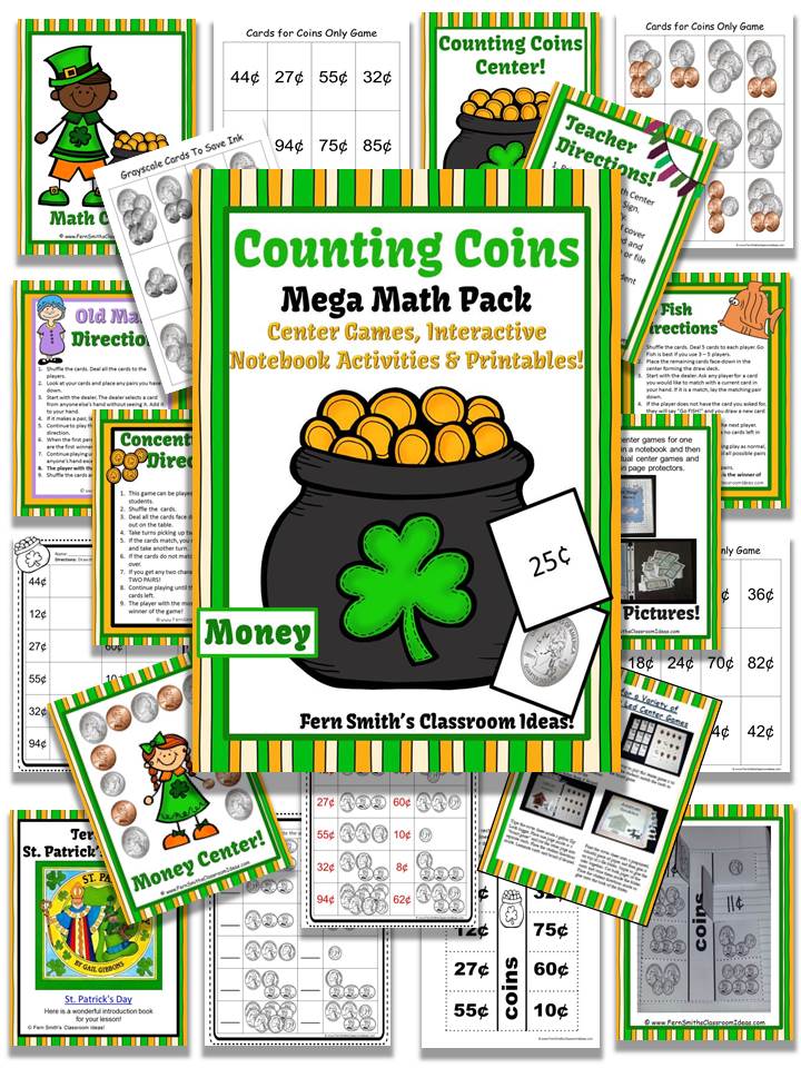 Fern Smith's Classroom Ideas St. Patrick's Day Counting Coins Math Pack Including a FREEBIE at TeachersPayTeachers