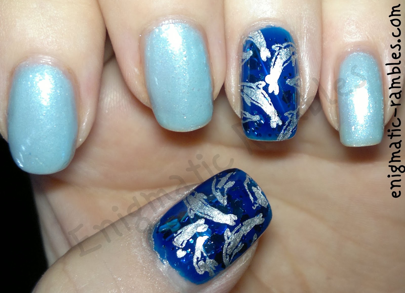 under-the-sea-dolphin-stamped-nails-nail-art-la-femme-viva-la-venus-kleancolor-blue-eyed-girl-stargazer-silver-chrome-cheeky-stamping-plates-ch38