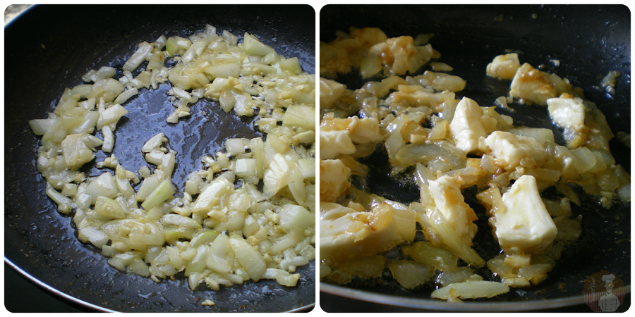 Salteado de ajos, cebolla y queso
