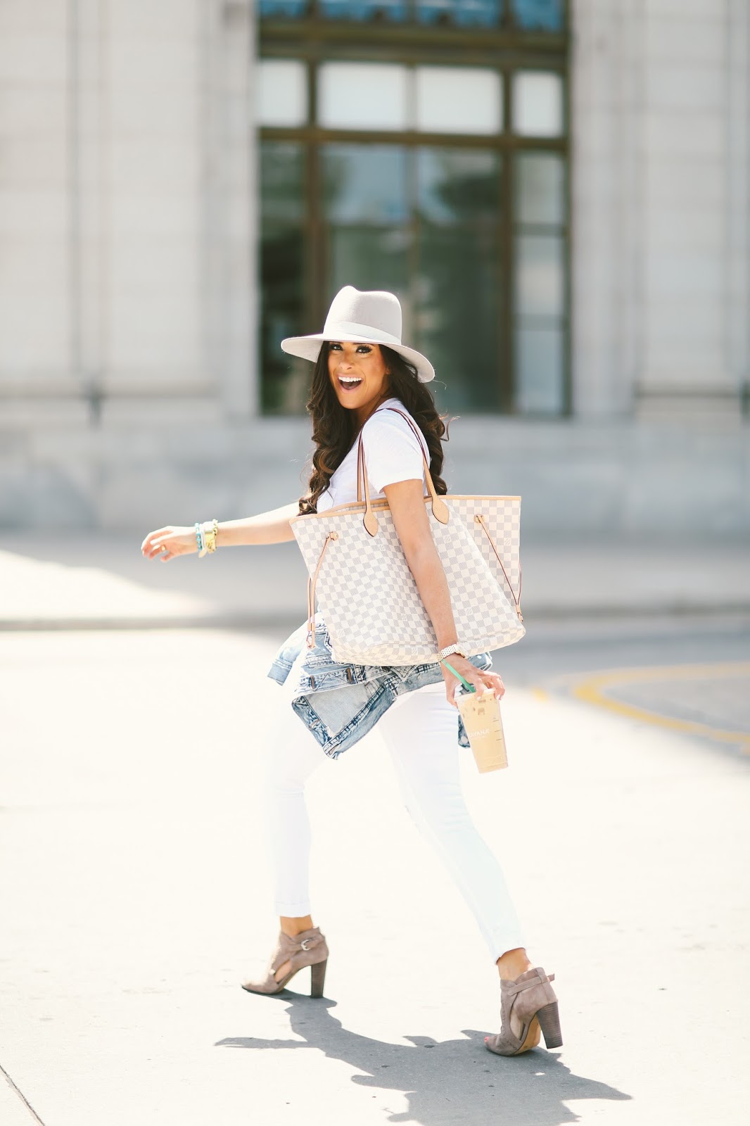 all white outfits for spring and summer, louis vuitton neverful damier azur, j brand white distressed denim, white tee made well, janessa leone grey hat, summer fashion pinterest, spring fashion pinterest, outfit idea summer pinterest, tulsa fashion blogger, downtown tulsa, vince camuto conley bootie, michele Serein watch 18mm, david yurman bracelet stack, emily gemma, the sweetest thing blog, 