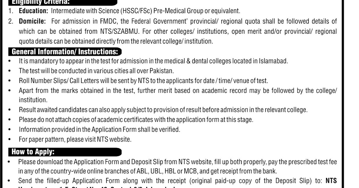 Medical Entry Test for Admission in MBBS & BDS in Selected Colleges