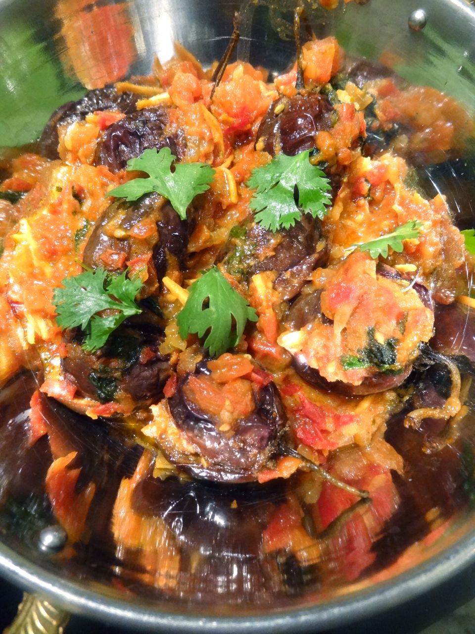 Scrumpdillyicious Achari Baingan Spiced Mini Eggplant in Tomato Sauce