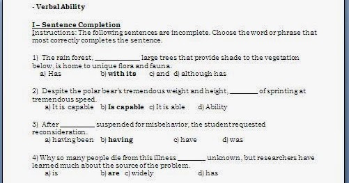 Verbal ability test questions with answers