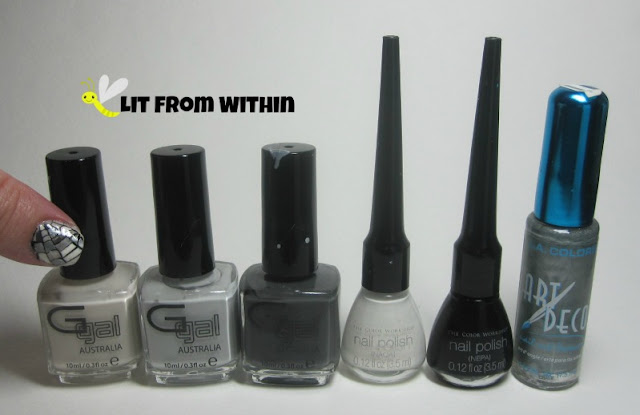 Bottle shot:  Glitter Gal Nuddy Nude, Chuck A Wobbly, and Big Smoke, and stripers in white, black, and silver.
