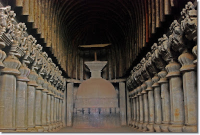 Picture of Chaityas or prayer halls inside Karla Caves in Lonavala, India