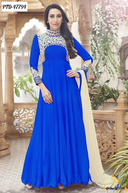 Diwali and Karva Chauth special Karishma Kapoor blue chiffon anarkali salwar suit online shopping with discount offer price at pavitraa.in